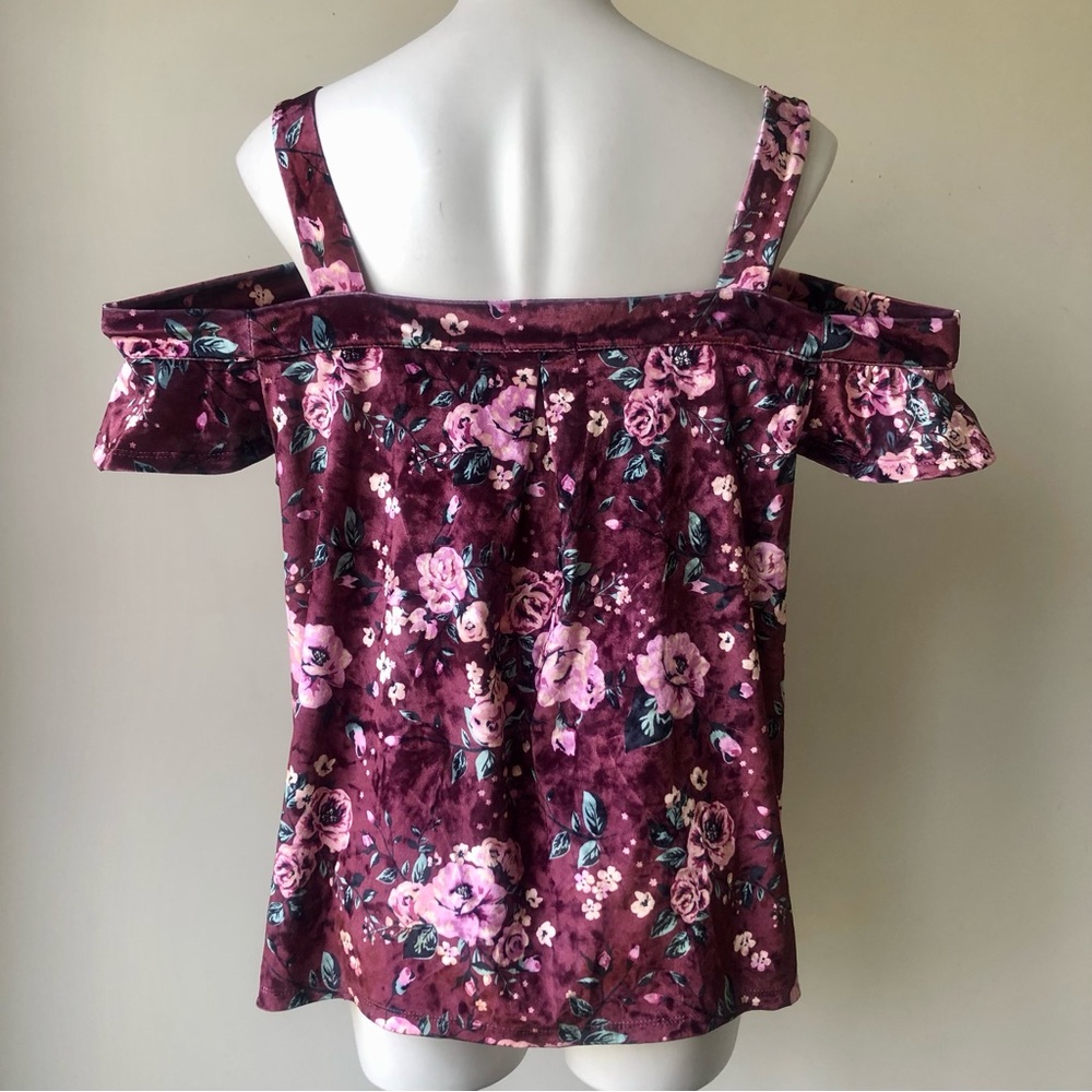 🌼 Self Esteem Burgundy Floral Velvet Ruffle Sleeve Top 1X - Picture 5 of 6